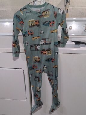 Kids Blue Vehicle Truck Print Footed One-Piece Pajamas 5T